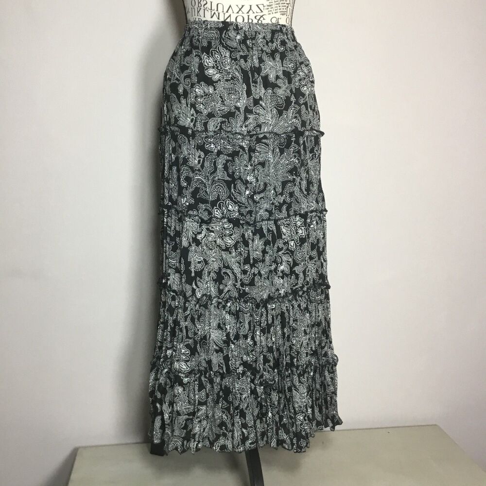 Black white paisley maxi skirt cotton blend tiered lined elastic waist 32"-38" L